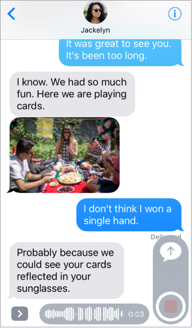 A Messages conversation, with voice recording controls showing. The Record button is at the bottom right with the Send button above it. The voice pattern and the length of recording appear at the bottom center.