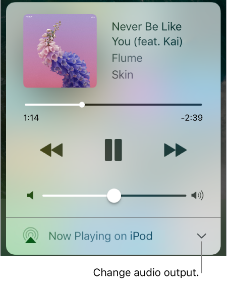 The second screen of Control Center showing a song playing, audio playback controls, and audio output options.