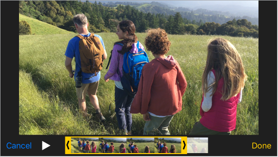 Video with the frame viewer across the bottom. The Cancel button is in the lower left and the Done button is in the lower right.