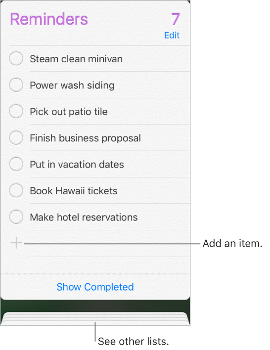 A Reminders screen showing a list of reminders. An Add button shows at the bottom left of the list.