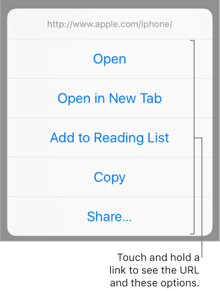 An overlay showing the destination address and a list of possible actions: Open, Open in New Tab, Add to Reading List, Copy, or Share.