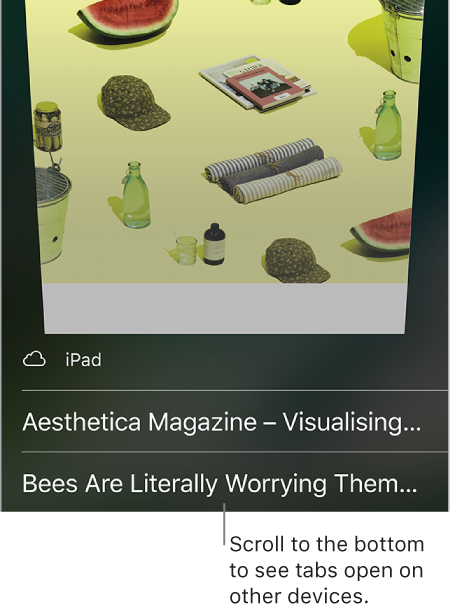 Below the tabs open on this device, a list of tabs that are open on other devices.