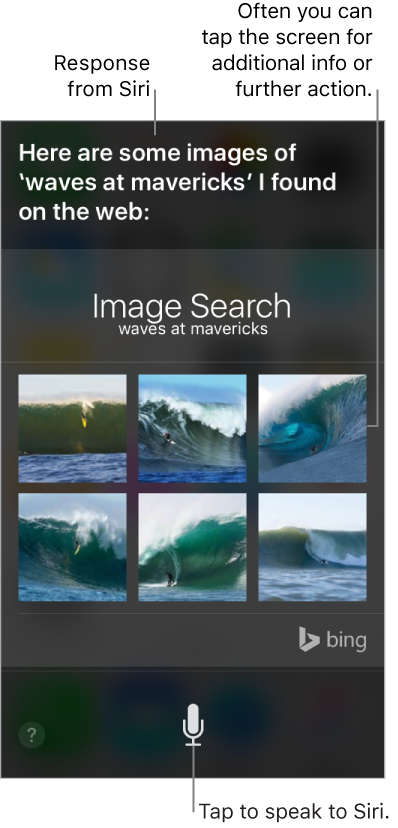 The Siri screen showing the response from Siri to a request, and related info that you can tap for additional info or further action. At the bottom are a help button and the button you tap to speak to Siri.