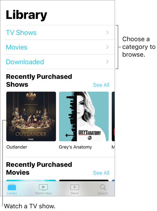 The Library screen with menu items to find video categories such as TV Shows and Movies. Find your videos by tapping on a category. Scroll down to see Rentals and more.