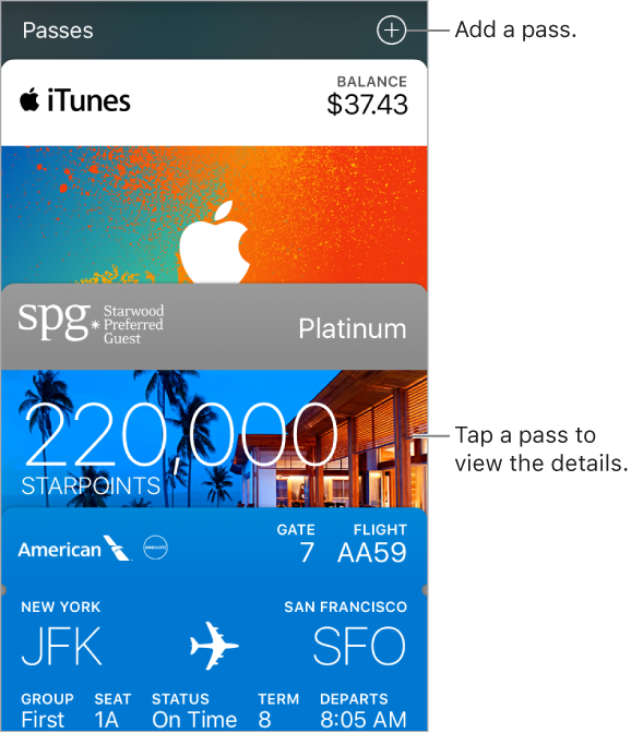 The Wallet screen, showing the tops of several passes