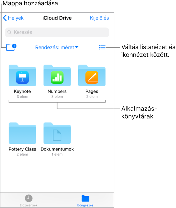 Egy hely az iCloud Drive-ban a Keynote, a Numbers és a Pages könyvtármappáival. Az Új mappa gomb a képernyő bal felső részén található.