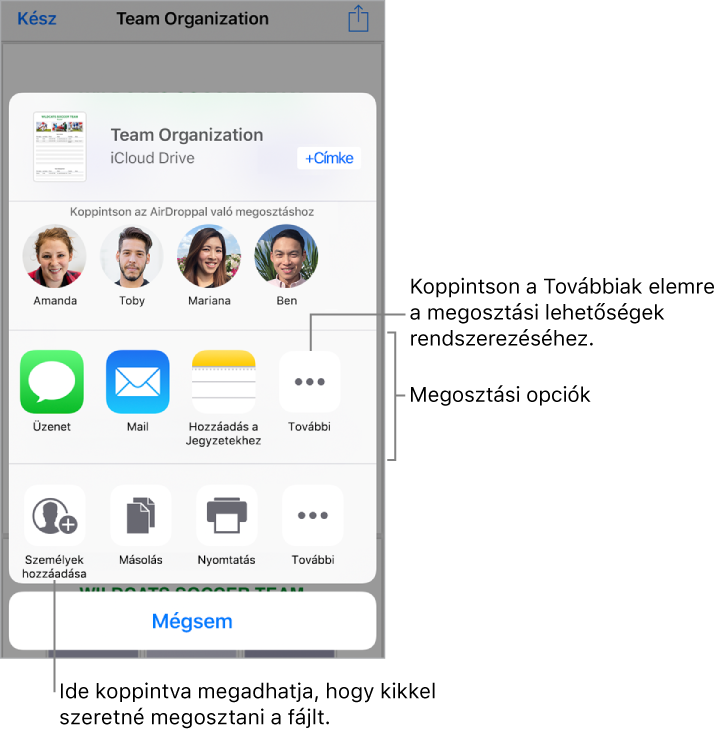 A Fájlmegosztás képernyője. Felül a megosztáshoz kijelöl fájl látható. Alattuk azok a személyek jelennek meg, akikkel megoszthatja őket az AirDropon keresztül. A következő sorban megosztási lehetőségek láthatók, többek között az Üzenetek, a Mail, a Jegyzetek hozzáadása és egyebek. Az alsó sorban a műveletek gombjai láthatók, többek közt a Személyek hozzáadása, Másolás, Nyomtatás és egyebek.