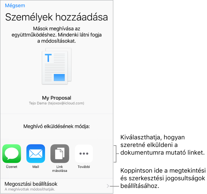 A személyeknek a dokumentum megtekintésére és szerkesztésére való meghívására szolgáló párbeszédpanel. A meghívó elküldhető többek közt az Üzenetekkel és a Maillel. A Megosztási beállítások alatta jelennek meg, a képernyő alján.