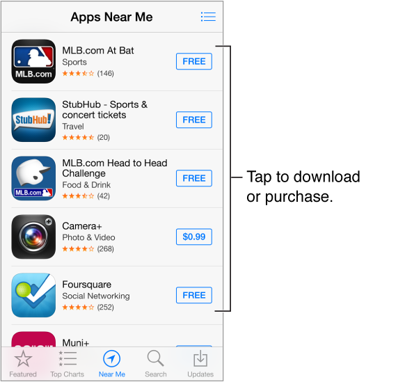 The Apps Near Me screen displaying several apps related to baseball viewing. The Wish List button is in the top right. Across the bottom, from left to right, are the Featured, Top Charts, Near Me, Search, and Updates tabs.