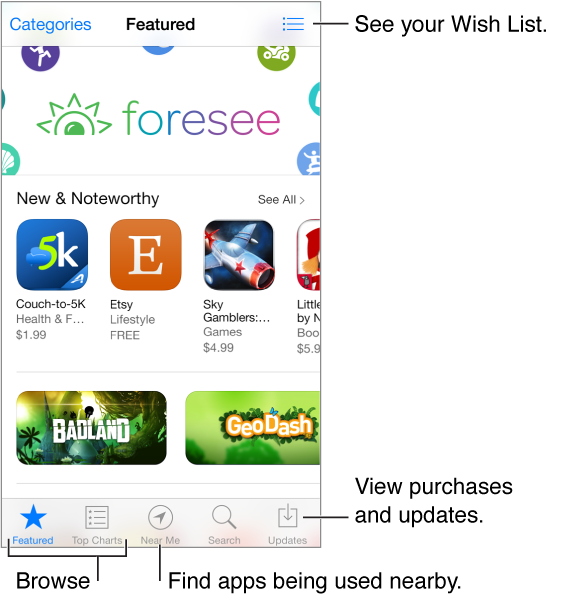 Featured screen of App Store, displaying New & Noteworth and What's Hot items, with Categories button in upper left and Wish List button in upper right. Across the bottom, from left to right, are the Browse, Top Charts, Near Me, Search, and Updates tabs. 