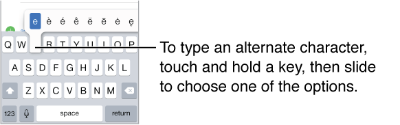 Screen showing the alternate characters for the "e" key.