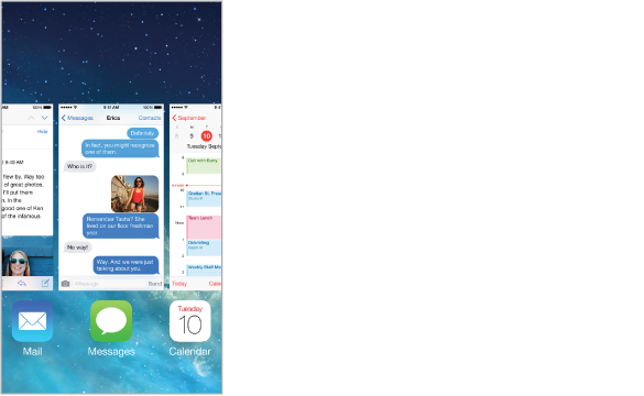 View of running apps, with a row of app icons along the bottom and the current screen for each app appearing above its icon. 