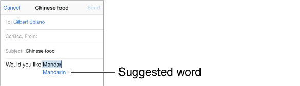 Email message showing the first few words of a new message, with suggested  completion of a word being typed.