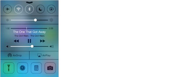 Control Center, with airplane mode, wi-fi, Bluetooth, Do Not Disturb, and Portrait Lock buttons along top, screen brightness control beneath, Now Playing info under that with audio playback controls, AirDrop and AirPlay buttons below that, and at the bottom, flashlight, clock, calculator, and camera buttons.