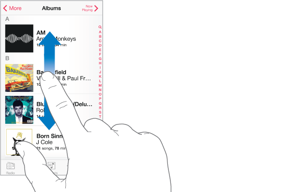 Finger dragging a list up and down.