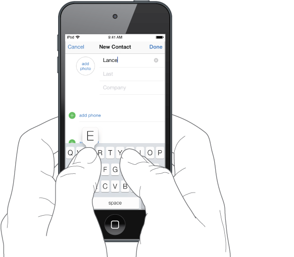 Text being typed. iPod touch is held with two hands, each thumb poised over the keyboard. The letter being tapped appears above the key.