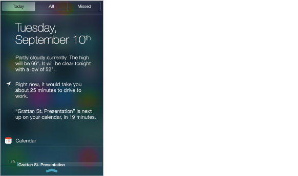 Today view of Notification Center showing the date, current weather forecast, and day's events.
