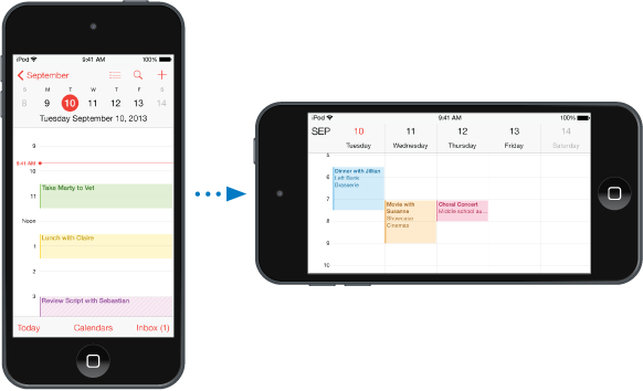 iPod touch in a vertical (portrait) orientation showing Calendar in day view. To the right is iPod touch turned lengthwise, showing Calendar in week view.