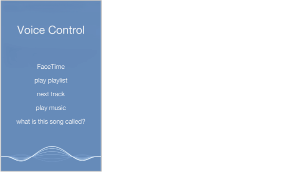 Voice control screen, showing examples of commands you can use. A wave form appears along the bottom of the screen.