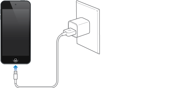iPod touch connected to power adapter plugged into power outlet.