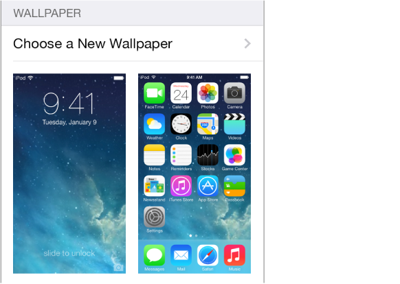 Image of the Lock screen and Home screen showing the current wallpaper.