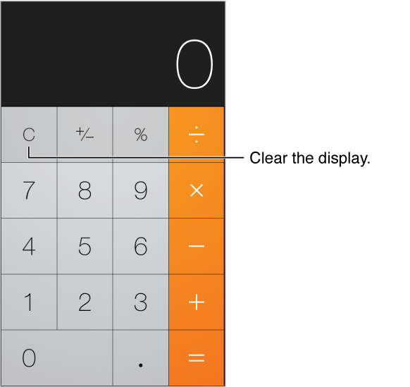 Calculator screen showing standard functions and numeric keypad. Tap the Clear key to clear the results.