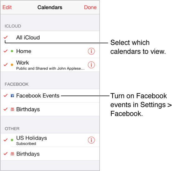 List of calendars, divided by iCloud, Facebook, and Other. The Edit button is in the upper left, and the Done button is in the upper right. Beneath the calendars list is the Show Declined Events button.
