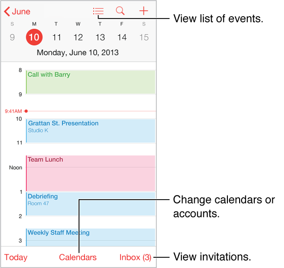A calendar in day view. Tap the Calenders button to change calendar accounts. Tap inbox to view invitations.