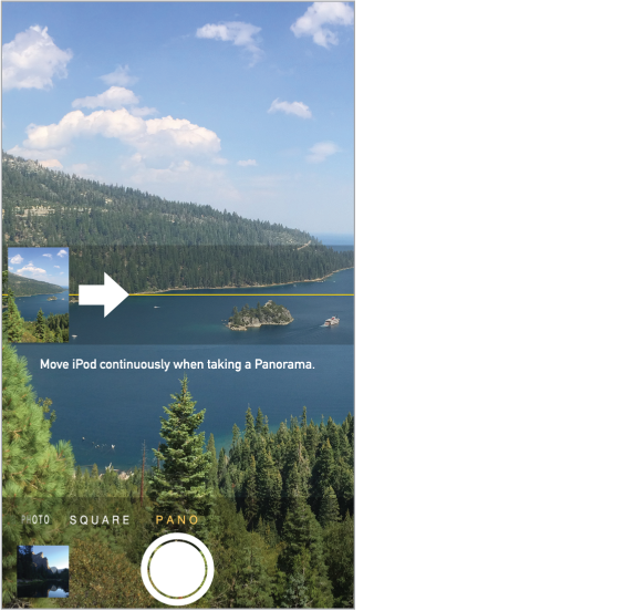 Camera in Panorama mode. An arrow, left of center, points right to show the direction of the pan.