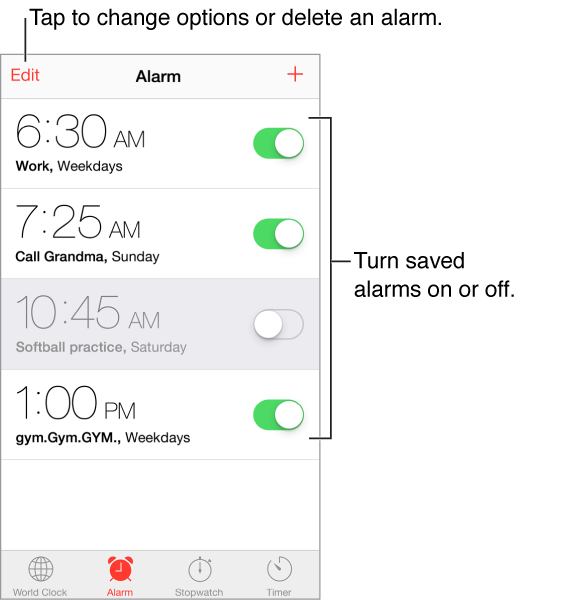 The Alarm screen, with Edit button in the upper-left corner and Add button in the upper-right corner. Four horizontal bands display alarms for four purposes with on/off toggles for each alarm. Along the bottom, from left to right, are the World Clock, Alarm, Stopwatch, and Timer tabs.