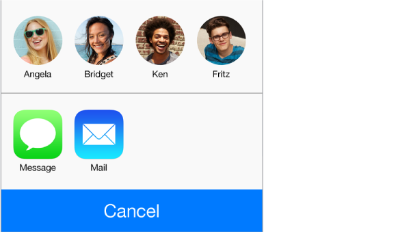 The sharing panel, showing four people within range for AirDrop, and buttons for sharing using Messages or Mail.