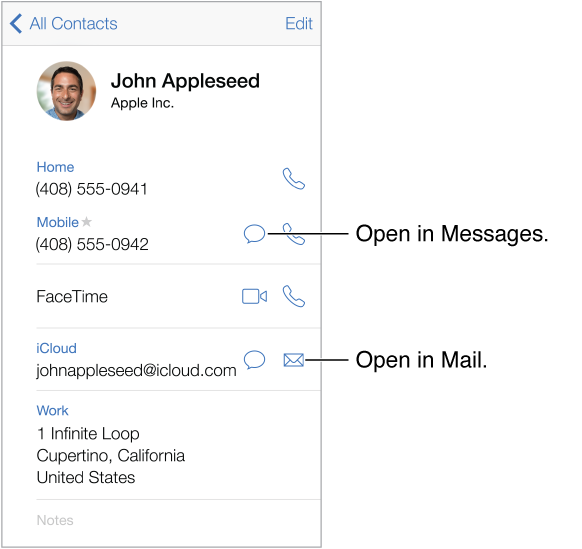 The info screen for a contact. Tap an entry, such as an email address or website, to open it.