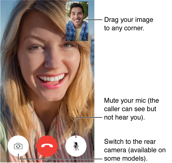 The FaceTime screen showing a call in progress and the caller's face filling most of the screen. Your image is in the upper right. Across the bottom, from left to right, are the Switch Camera, End, and Mute buttons.