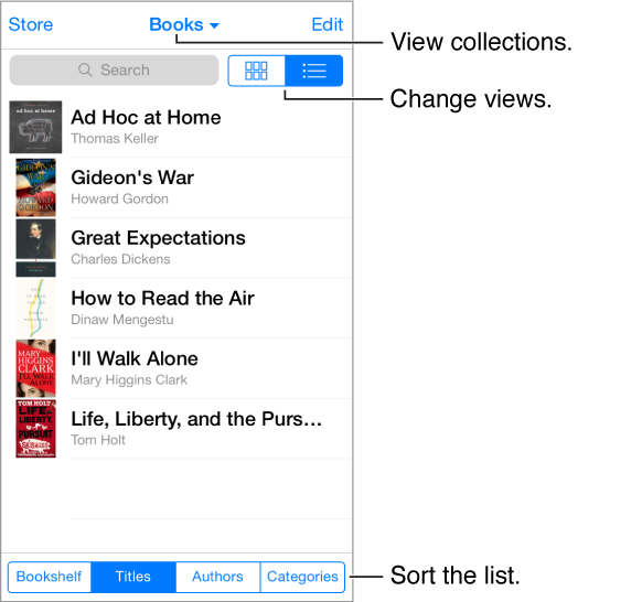 A list of books in the library. Across the top are buttons for the store, collections, and editing the list. Across the bottom are buttons for sorting the list.
