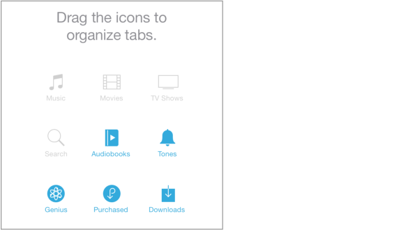 Part of the More screen with the icons you can reposition. Blue icons can be dragged over gray to give them more prominence. Gray icons are Music, Movies, TV Shows, and Search. Blue icons are Audiobooks, Tones, Genius, Purchased, and Downloads.