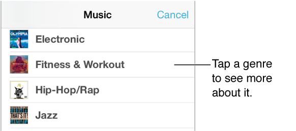 Part of the Music Genres screen showing a subset of genres with a check next to Fitness & Workout.