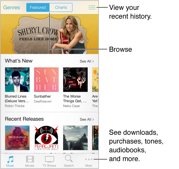 Browse screen showing information about featured items. The Genre button is in the upper left corner. Featured and Charts buttons are in the upper middle, and a History icon is in the upper right. Along the bottom, from left to right, are the Music, Movies, TV Shows, Search, and More tabs. 
