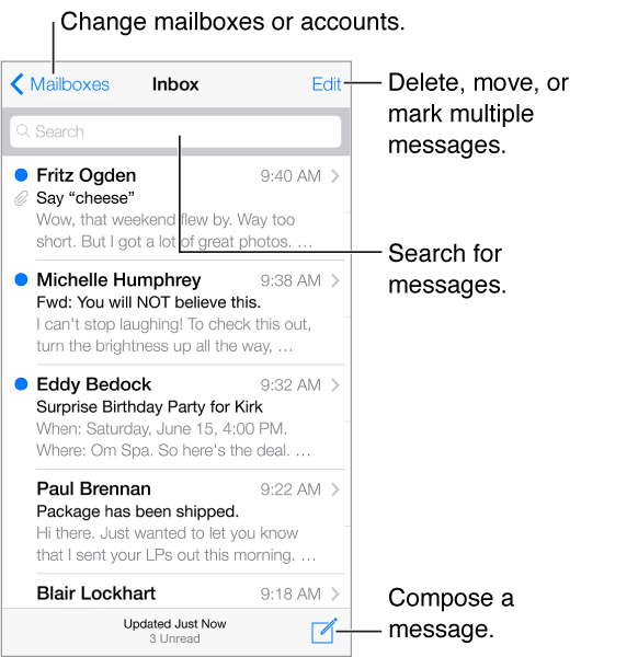 A list of messages. Tap Edit to delete, move, or mark multiple messages.