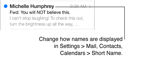A preview of a message in Inbox showing the sender's name, time message was sent, subject line, and the first couple of lines of the message. A blue dot indicates the message hasn't been read yet.