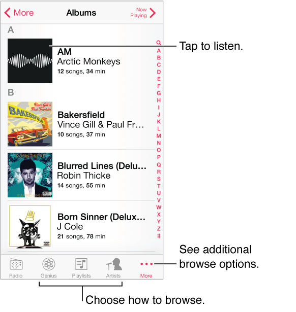 The albums list. The More button and Now Playing button are in the top corners. Tap an album to listen to it. Tap the More button to see additional browse options.