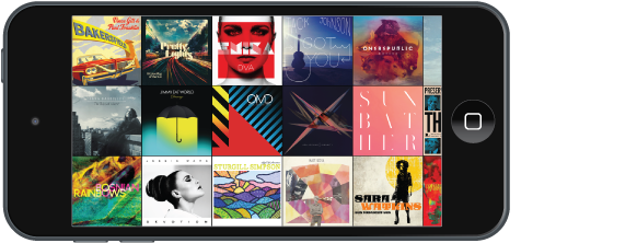 iPod touch in the horizontal orientation showing the Album Wall.