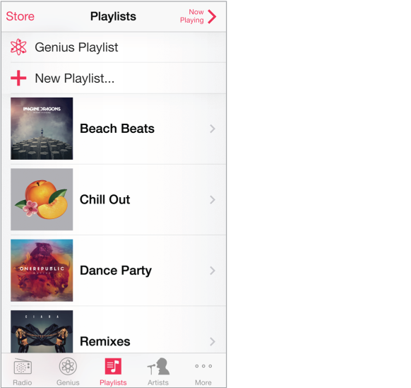 Playlists screen. Store button in upper-left, Now Playing in upper-right corner. Genius Playlist, then New Playlist appear at the top of the list. 