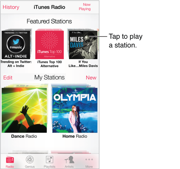 The iTunes Radio screen, with the History button in the upper-left corner. Near the top of the screen is the row of features stations. Beneath that are stations that you’ve created, with the Edit button at the center-left edge of the screen.