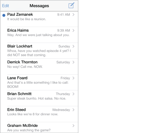 List of conversations. The Edit button is in the upper-left, and the compose button is in the upper-right.