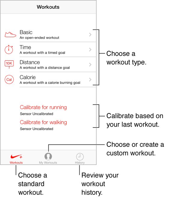To get started, choose a workout type. From the top, there is the Basic, open-ended workout; the Timed workout; the Distance workout; and the Calorie workout. In the lower middle of the screen are two buttons for calibration—calibrate for running and calibrate for walking. Along the bottom of the screen are three buttons: Workouts, My Workouts, and History.