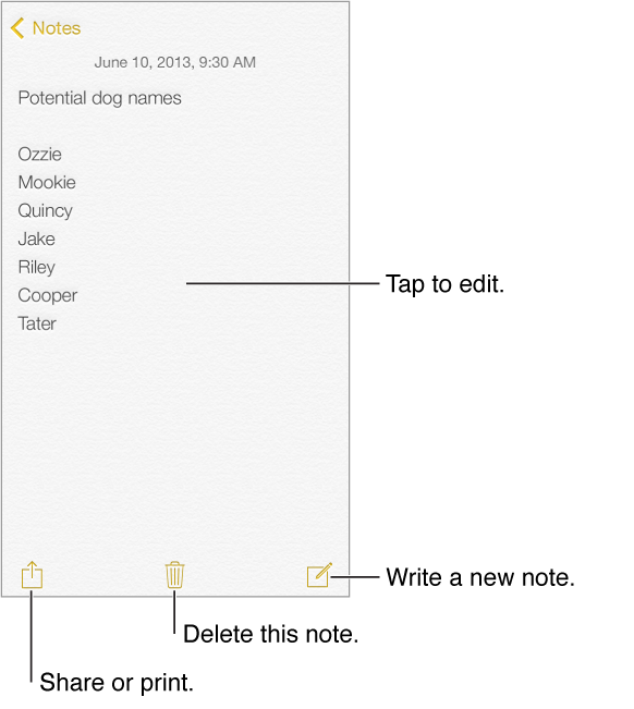 Tap the body of the note to edit it. Tap the compose button to create a new note. Tap the share button to use AirDrop, Messages, or Mail to share the message. Tap the back button to return to the list of notes.
