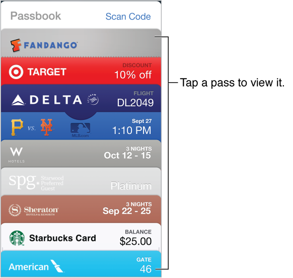 The passbook showing the tops of several passes in a list going down the screen. 