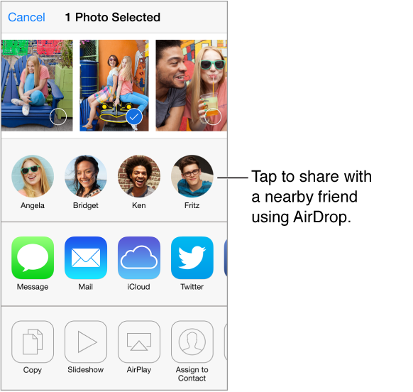 Share screen with photos along the top, nearby friends using AirDrop, and options for sharing. Other actions appear along the bottom.