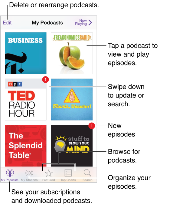 Tap My Podcasts to see your subscriptions and downloaded podcasts. Tap a podcast to list and play episodes. Tap the update button to check for new episodes. Tap Featured or Top Charts at the bottom of the screen to browse for new podcasts.
