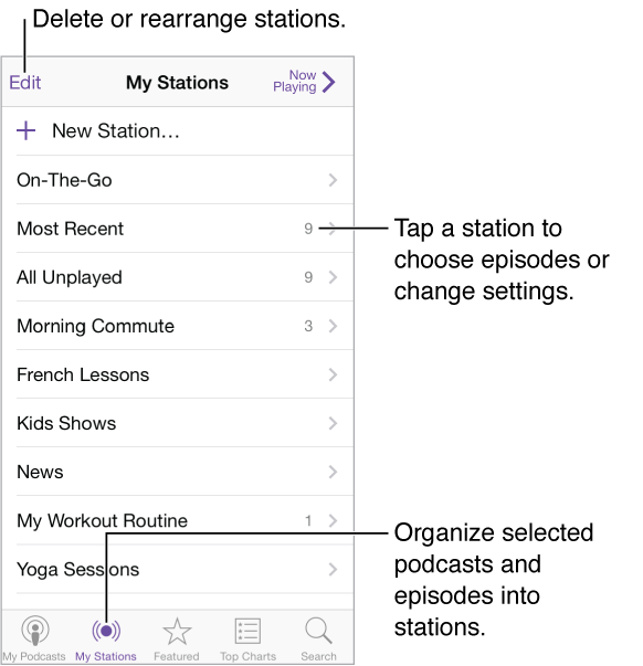 Tap My Stations at the bottom of the screen to organize selected podcasts and episodes into stations. Tap the add button to add a station. Tap a station to choose episodes or change settings. Tap the edit button to rearrange stations.